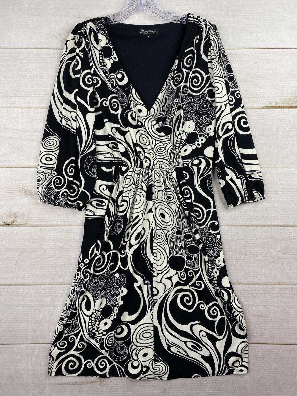 Maggy Boutique Dress Sz 4 Black White Geo Faux Wrap Stretch 3/4 Sleeve Retro